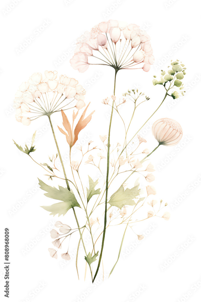 The image shows a bouquet of white flowers with yellow centers. The flowers are tied together with a piece of twine. The background is transparent.