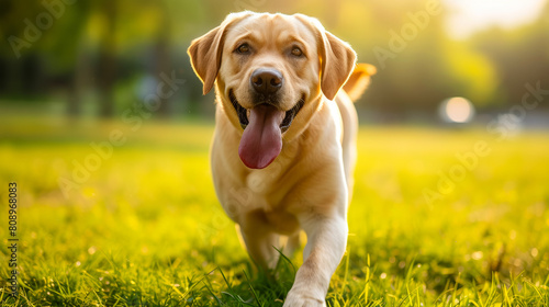 The playful Labrador retriever bounds through sun-kissed meadows, tongue lolling in pure joy. photo