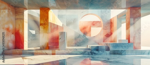 Vibrant Geometric Watercolor Cityscape with Surreal Architectural Structures and Fluid Light Patterns