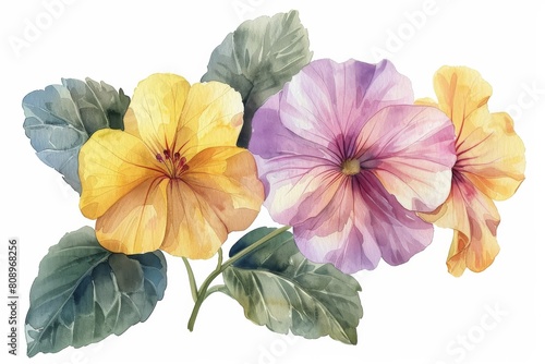 Painted with finesse  the Primrose flower flourishes in watercolor  its petite blooms and vibrant foliage creating a delicate tapestry of natural beauty and serenity.