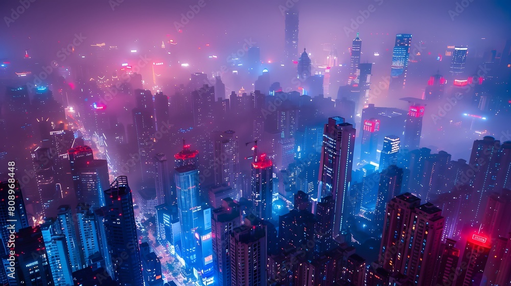 The night view of the city, highrise buildings with lights on in red and blue tones, shrouded in fog. The entire skyline is covered in neon light from various tall buildings,full of mystery and future