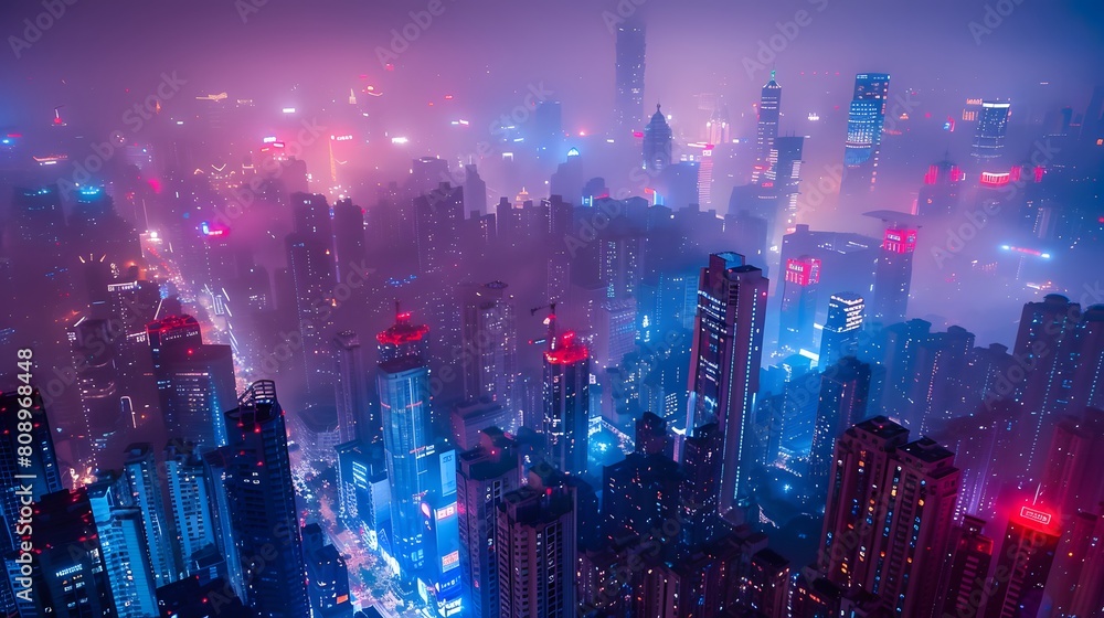 The night view of the city, highrise buildings with lights on in red and blue tones, shrouded in fog. The entire skyline is covered in neon light from various tall buildings,full of mystery and future The night view of the city, highrise buildings with lights on in red and blue tones, shrouded in fog. The entire skyline is covered in neon light from various tall buildings,full of mystery and future