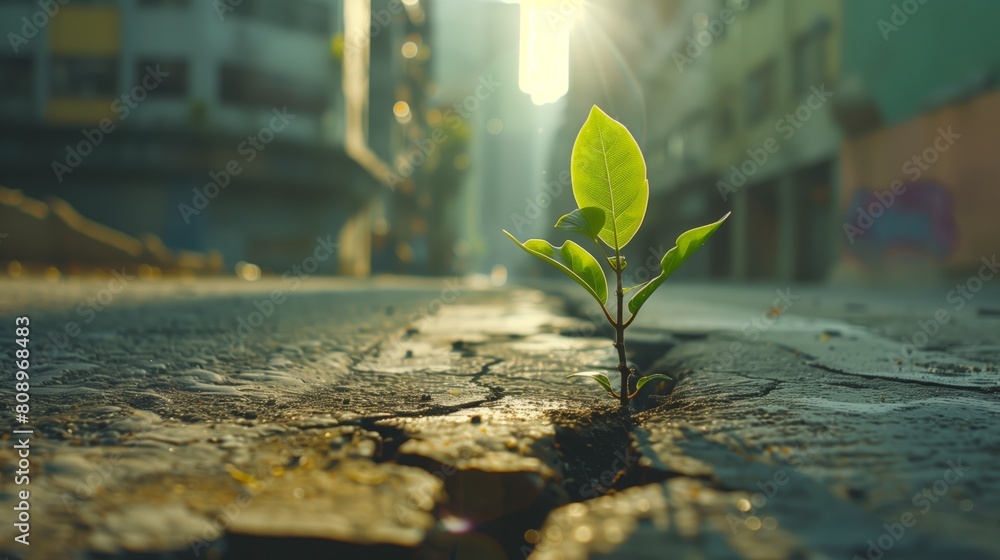 Φωτογραφία A green sprout bursts through the asphalt in a big city metropolis