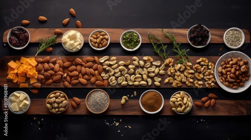 Crafting Energy Bars: Vibrant Flat Lay Composition Showcasing Rich Contrast, Detailed Chopping Process, Nuts on Cutting Board, Sequential Shots Unveiling Enhanced Clarity of Ingredient Preparation