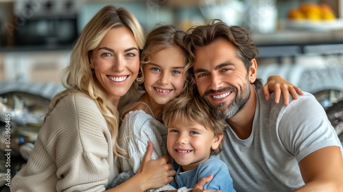 Smiling young family embrace cuddle with little kids enjoy domestic leisure weekend at home together, happy Caucasian mother and father hug have fun play with small preschooler daughter and son