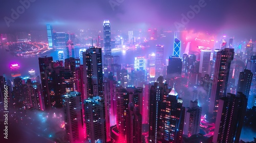 The night view of the city, highrise buildings with lights on in red and blue tones, shrouded in fog. The entire skyline is covered in neon light from various tall buildings,full of mystery and future © horizor