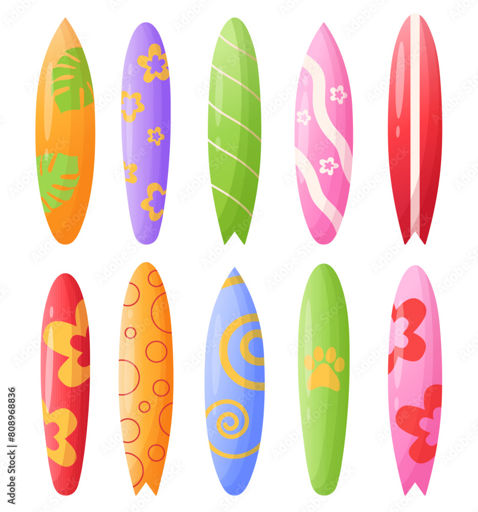 Big set different surfboard colorful surf desk design. Summer sports and beach recreation Big set different surfboard colorful surf desk design. Summer sports and beach recreation
