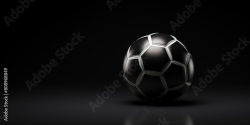 Black and Grey Soccer Ball on Dark Background with Copy Space. Sleek Black Football Ball. Generative AI