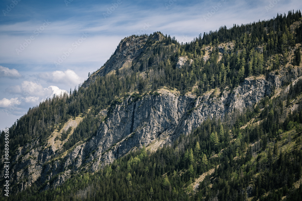 A mountain with a rocky face and trees
A mountain with a rocky face and trees