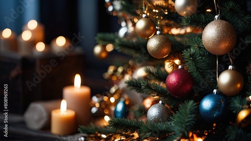 Christmas tree and candles  decorations in the night background 