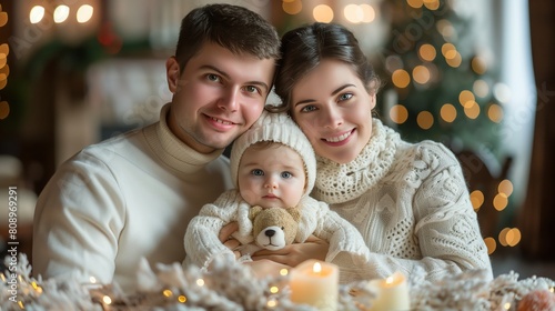happy family mother and father hold a newborn baby at home, the concept of happy loving family, lifestyle