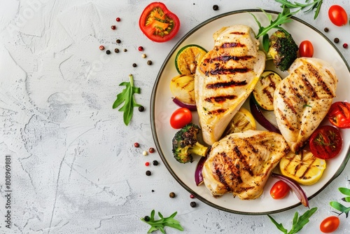 Grilled Chicken Breast with Fresh Tomatoes, Basil, and Broccoli on White Plate