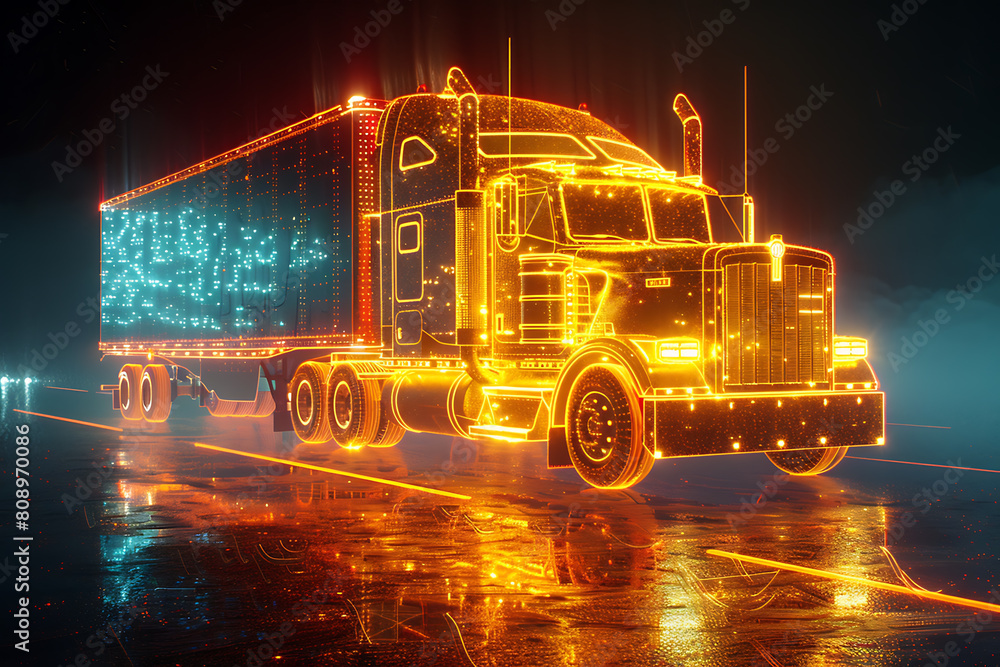 A wireframe-based visualization featuring a transport truck against a glowing translucent background, showcasing modern transportation technology.