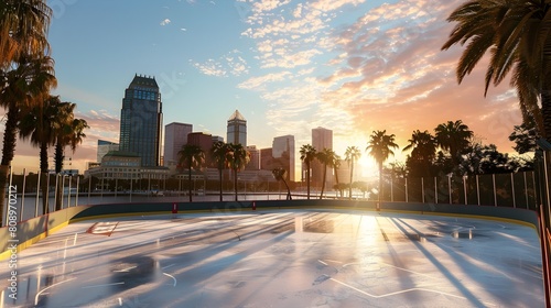 Vibrant Sunset Over Tampa Bay Hockey Rink With Iconic Skyline