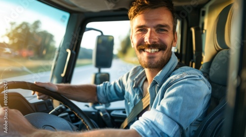 Smiling Trucker at the Wheel