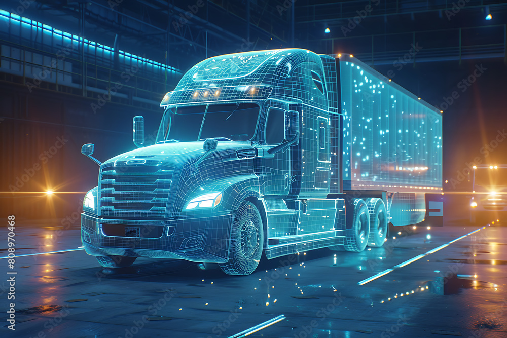 A wireframe-based visualization featuring a transport truck against a glowing translucent background, showcasing modern transportation technology.
