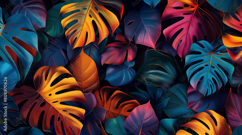 A colorful image of leaves with a bright blue background A colorful image of leaves with a bright blue background