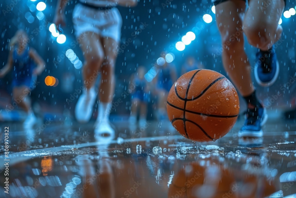 Dynamic close-up of a basketball game played on a glistening wet court with players in action Dynamic close-up of a basketball game played on a glistening wet court with players in action