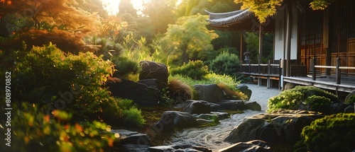 Japanese garden under the moonlight in the daytime Decorated with lanterns and many kinds of trees and ponds
