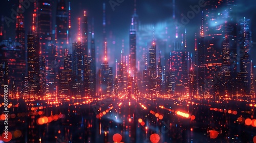 Abstract representation of futuristic technology communication networks against a backdrop of illuminated urban skyscrapers
