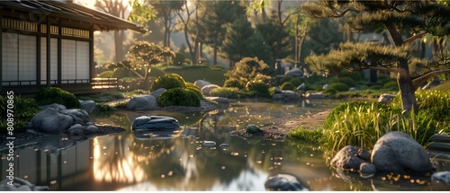 Japanese garden under the moonlight in the daytime Decorated with lanterns and many kinds of trees and ponds
 photo