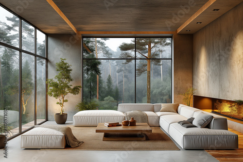 Modern living room with massive windows with forest view.