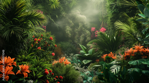 A lush jungle with a variety of flowers and plants
