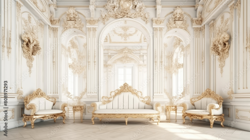 Palace room with gold decorations. Luxury palace interior background