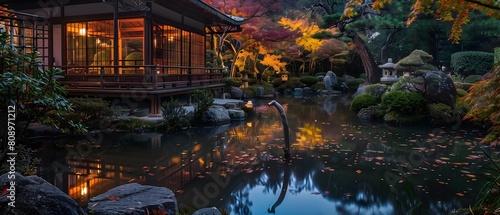 Japanese garden under the moonlight at night Decorated with lanterns and many kinds of trees and ponds