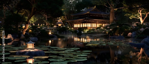 Japanese garden under the moonlight at night Decorated with lanterns and many kinds of trees and ponds