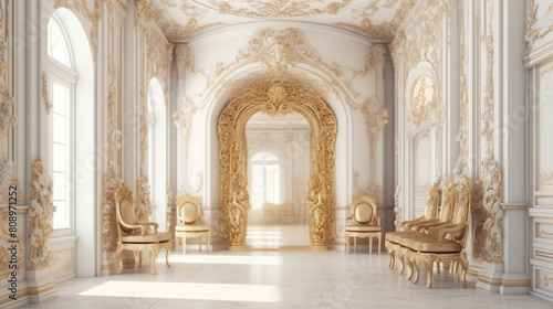 Interior of the royal palace. Luxury Palace Interior background. White and Gold Marble Castle Hall in  in classic style. Beautiful Wedding Background 