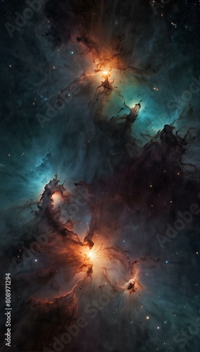 Abstract background of space nebula with stars and galaxies. Concept of space with blue  black  pink and orange colors. Suitable as 9 16 mobile phone background. AI Generated