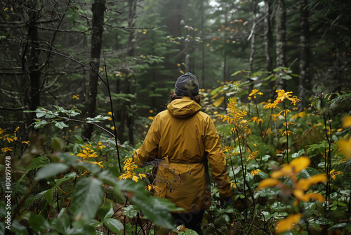 Backview of woman in yellow rain jacket walking through forest with yellow plants and lush greenery, Generative AI