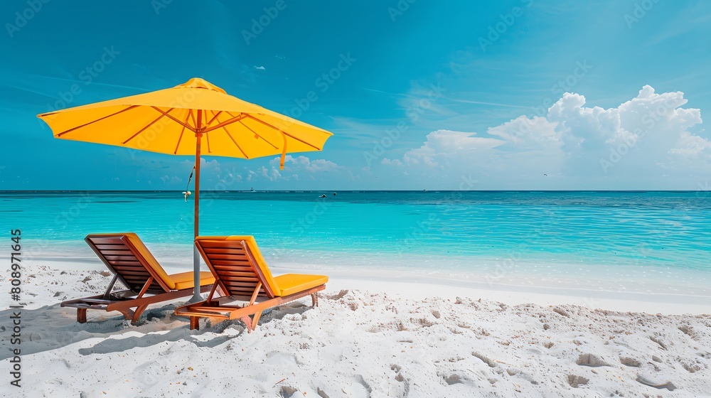 Two beach chairs and a umbrella on the white sand on a sunny day, with a blue sea in the background. A summer vacation concept banner with copy space for text