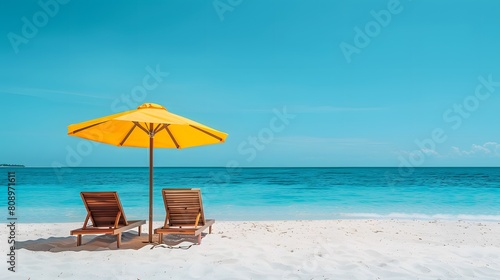 Two beach chairs and a umbrella on the white sand on a sunny day  with a blue sea in the background. A summer vacation concept banner with copy space for text