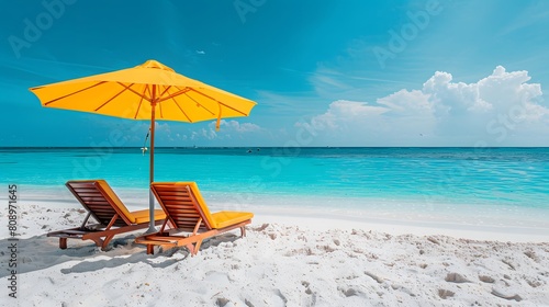Two beach chairs and a umbrella on the white sand on a sunny day  with a blue sea in the background. A summer vacation concept banner with copy space for text