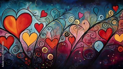 Whimsical and Vibrant Painting of Abstract Hearts in a Swirling Romantic Composition photo