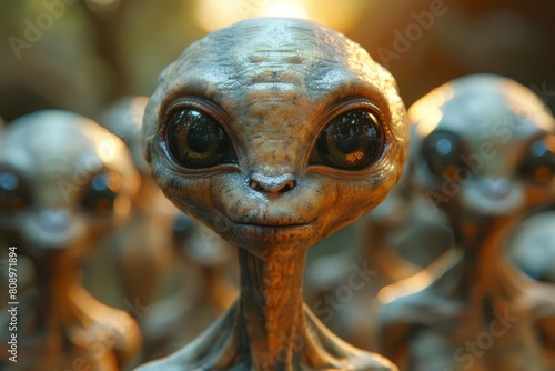 Highly detailed close-up of an alien figure with a large head and big eyes, giving a look of curiosity or wonder © Larisa AI