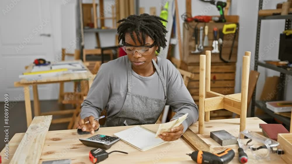 Focused woman carpenter calculating expenses in workshop Focused woman carpenter calculating expenses in workshop