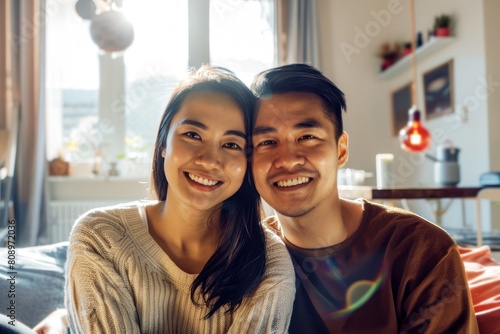 young happy asian couple resting on couch, smiling husband and wife sitting together in living room at home