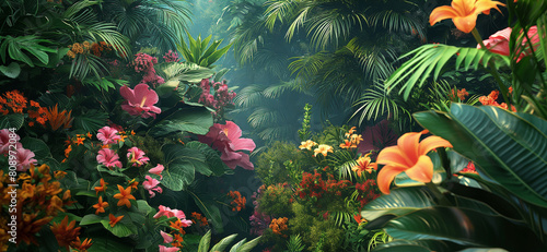 Fototapeta Naklejka Na Ścianę i Meble -  A lush green jungle with a variety of colorful flowers and plants