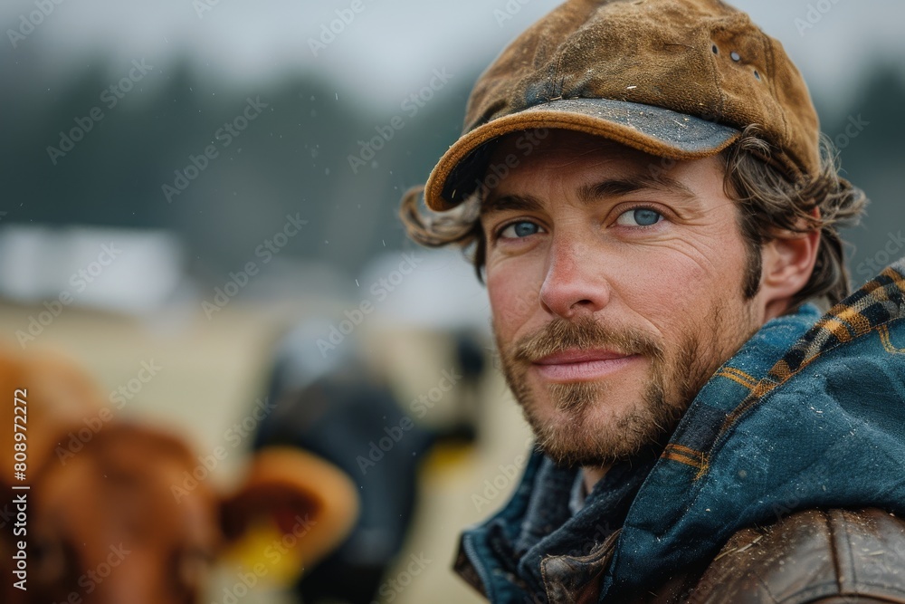 Fototapeta premium A cowboy in a worn cap with snowflakes on it braves cold weather, with cows in the background