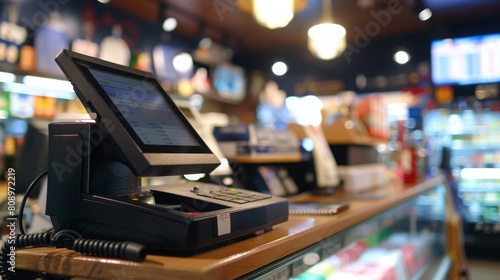 A cash register machine placed on a counter in a commercial setting.