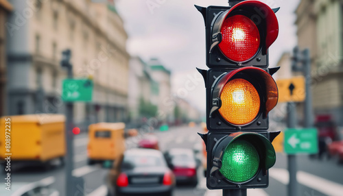 Traffic lights over urban intersection. International Traffic Light Day