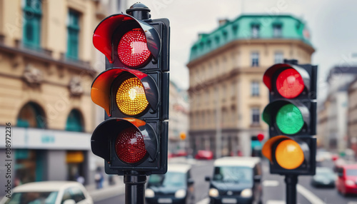 Traffic lights over urban intersection. International Traffic Light Day