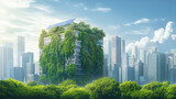 A cityscape with a building covered in green plants