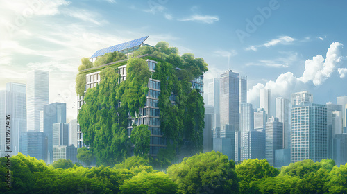A cityscape with a building covered in green plants photo