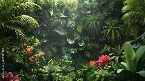 A lush green jungle with a variety of plants and flowers