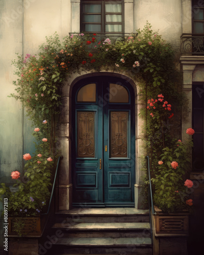 Vintage Door in Old Town. Blue Wooden front Door and flowers, Paris, Ffrance. Illustration in vintage style, watercolor painting