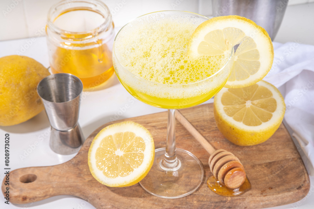 Sweet and sour boozy alcohol bee's knees cocktail. Homemade citrus honey bees knees drink with ingredients, on white background with hard light and bar utensils Sweet and sour boozy alcohol bee's knees cocktail. Homemade citrus honey bees knees drink with ingredients, on white background with hard light and bar utensils